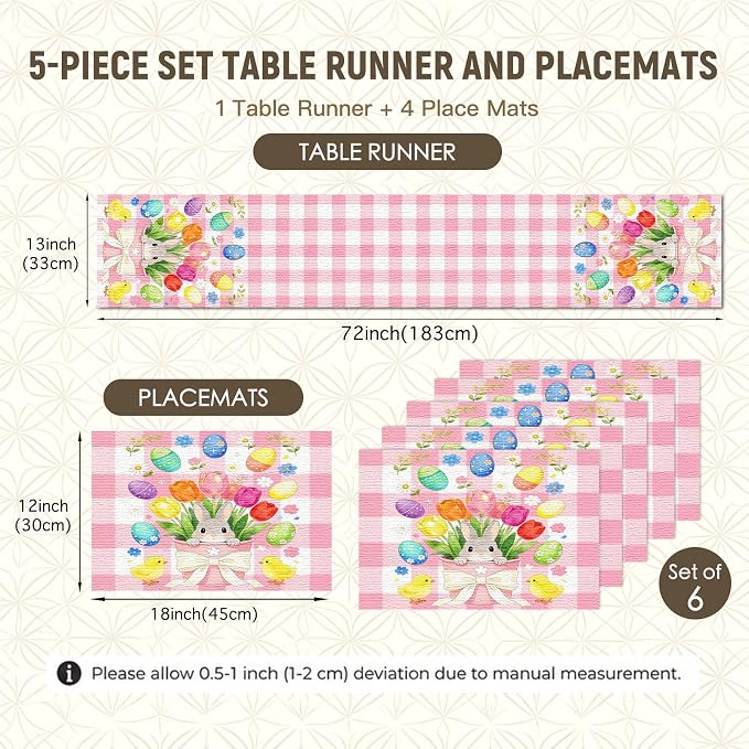 Nuxovilar Tablerunner and Placemats Set of 7 Pink Plaid Easter Bunny & Chick Design Linen Square Placemats for Dining Dining Sets and Accessories Family Breakfast, Easter Party, Friend Gatherings