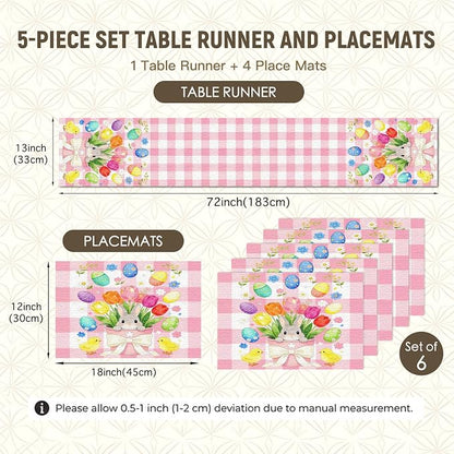 Nuxovilar Tablerunner and Placemats Set of 7 Pink Plaid Easter Bunny & Chick Design Linen Square Placemats for Dining Dining Sets and Accessories Family Breakfast, Easter Party, Friend Gatherings