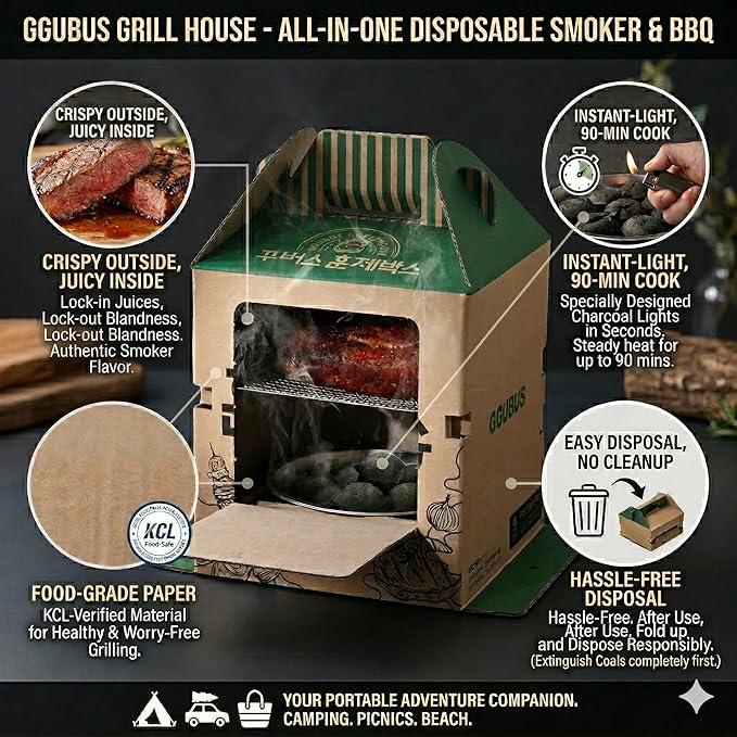 GGUBUS Grill House – All-in-One Disposable BBQ Grill, Portable Smoker & Charcoal Roasting Box, Easy to Light, Food-Safe Paper, 90 Minutes of Coal Life – Outdoor Camping, Picnic (Pack of 2)