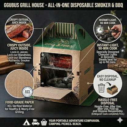 GGUBUS Grill House – All-in-One Disposable BBQ Grill, Portable Smoker & Charcoal Roasting Box, Easy to Light, Food-Safe Paper, 90 Minutes of Coal Life – Outdoor Camping, Picnic (Pack of 2)