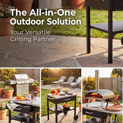 55” Outdoor Grill Table with Storage Cabinet & Folding, Metal | Stainless Steel Top Grill Cart for Kitchen with Wheels & Hooks, Kitchen Island Prep Table/Pizza Oven Table for BBQ Backyard