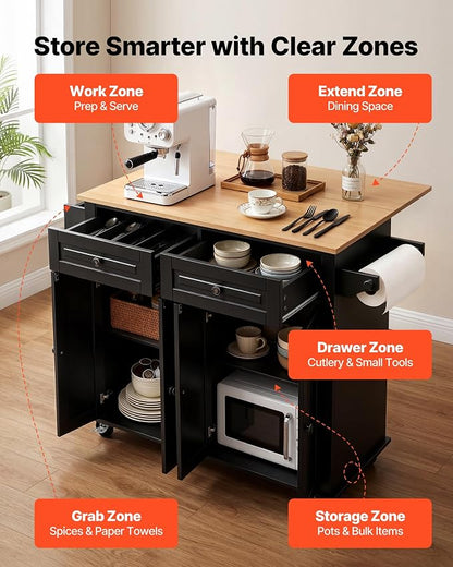 VEVOR Kitchen Island Cart with Storage, 43.58 in Wide Mobile Rolling Storage Island on Swivel Wheels, with 2 Drawers, Storage Cabinet, Drop Leaf, Spice/Towel Rack, Table for Home Dining Room, Black | Home Dining Meal Prep Station With Spice Towel Rack ...