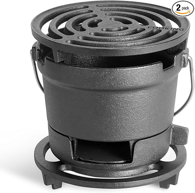 2-in-1 Hibachi Grill Outdoor, Pre-Seasoned Cast Iron, Tabletop MINI Portable Charcoal Grill for Camping - w/Draft Door, 2PCS Grates 6.3"