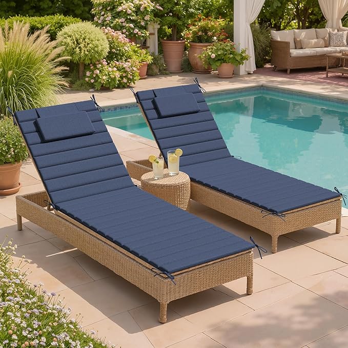 Crestlive Products Chaise Lounge Cushion Outdoor Set of 2, Foldable Waterproof Pool Lounge Chair Cushions with Straps, Lounger Cushions for Outdoor Furniture, 71''Lx21''W (Sky Blue)