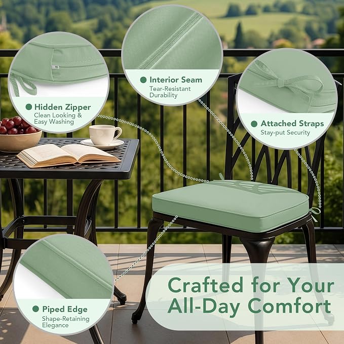 Outdoor Chair Cushions Set of 2: Waterproof & Fade Resistant Patio Furniture Cushions - 18.5 x 16 x 2 Inch Non Slip Round Corner Seat Cushion Pads with Removable Cover for Garden Yard Lawn, Sage Green