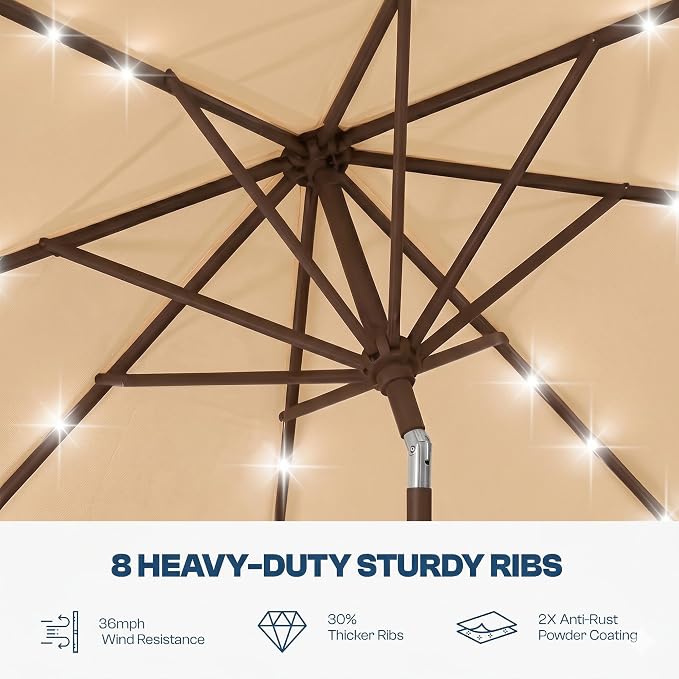 10FT Solar Lighted Patio Umbrella, Outdoor Table Market Umbrellas with Push Button Tilt and Crank, 32 LED Lights, 8 Sturdy Ribs, UV-Resistant for Deck, Garden, Pool