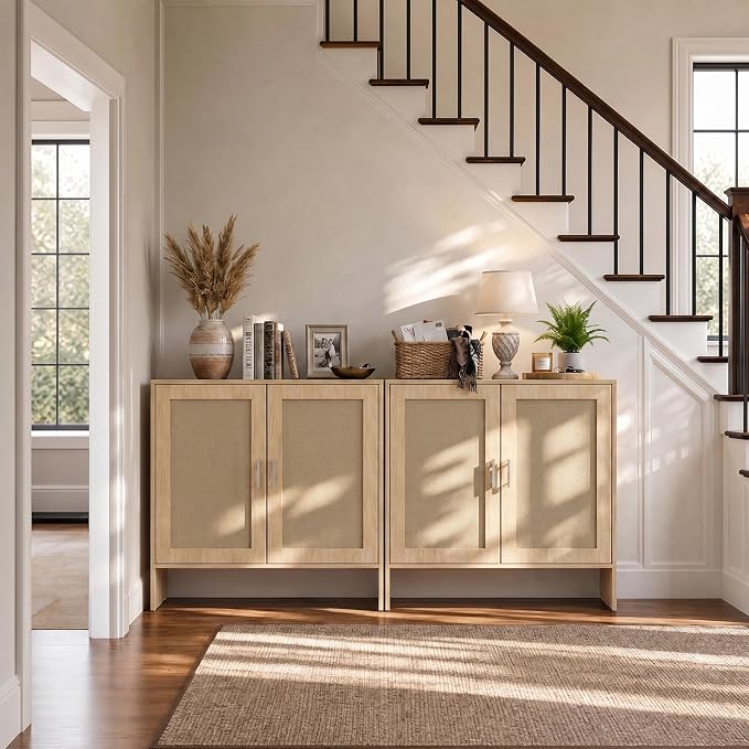 DHZ Buffet Cabinet with Storage, Farmhouse Sideboard Storage Cabinet with Rattan Doors & Adjustable Shelf, 31.5" Narrow Coffee Bar Cabinet, Kitchen Storage Cabinet, Entryway Accent Liquor Cabinet