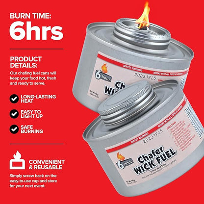 6-Hour Food Warmers for Parties (3 Pack), Chafing Fuel Cans with Wick and Safety Twist Cap, Catering Food Warmers for Buffets, Parties, Weddings, Long Lasting Burners for Food Warmer, Food Heater