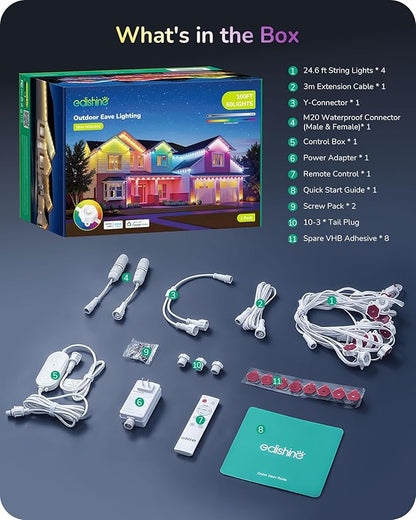 EDISHINE Permanent Outdoor Lights, 100FT with 60 RGBIC LED Cuttable Stripe Lights, APP/Voice/Remote Control, 111+ Scene Modes Outdoor Smart Lights, IP67 Waterproof for Party & Holiday Decor