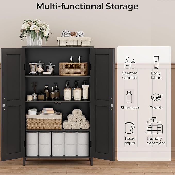 Homleke Farmhouse Bathroom Cabinet with Adjustable Shelves, Free-Standing Storage Cabinet with Barn Doors, for Kitchen, Living Room, Dining Room, Entryway, Black