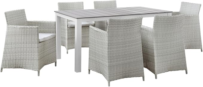 Lexmod Junction 7 Piece Outdoor Patio Dining Set with Cushion, Gray/White