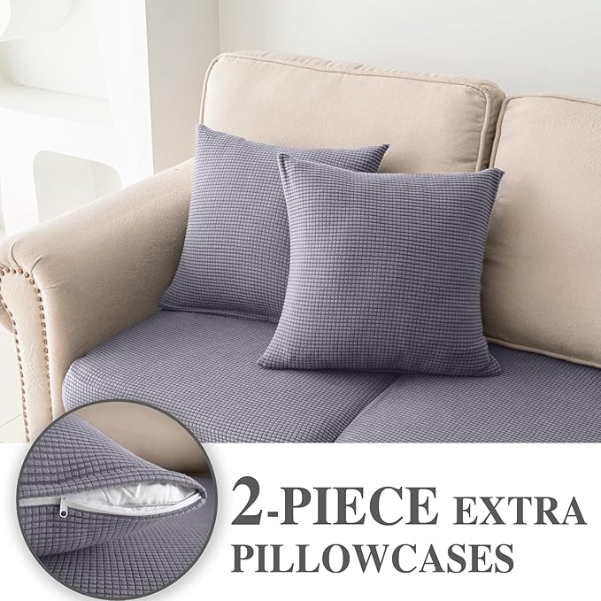 LA MEACK Couch Cushion Covers for Sectional Sofa L Shape Washable Separate Seat Chaise Couch Cover Stretch Sofa Slipcovers with 2 Pcs Pillowcases(2 Seater + 1 Chaise, Light Grey)