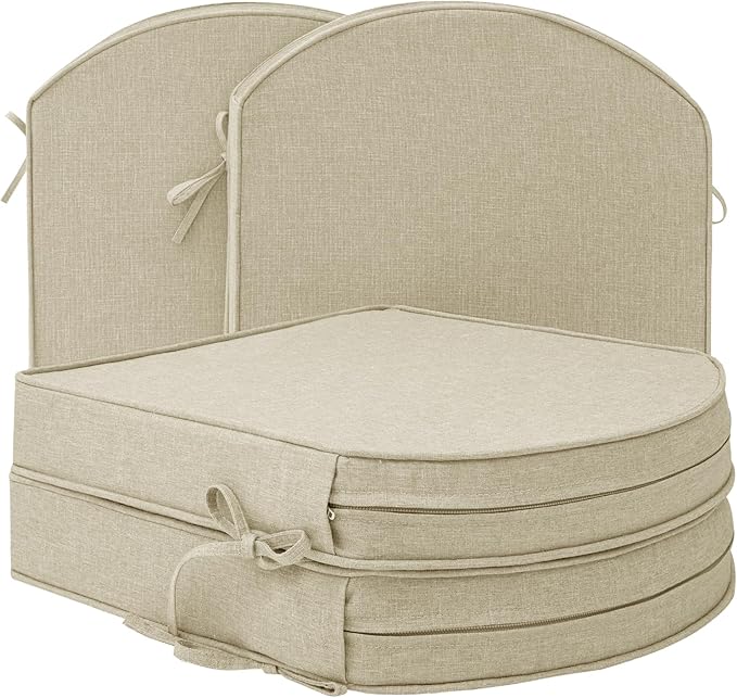 Outdoor Chair Cushions D Shaped, Set of 4, 17 x 16 Inch, Beige | Water Resistant, Fade Resistant, Patio Furniture Seat Chair Pads Replacement with Ties, Non-Slip Bottom, Removable Cover