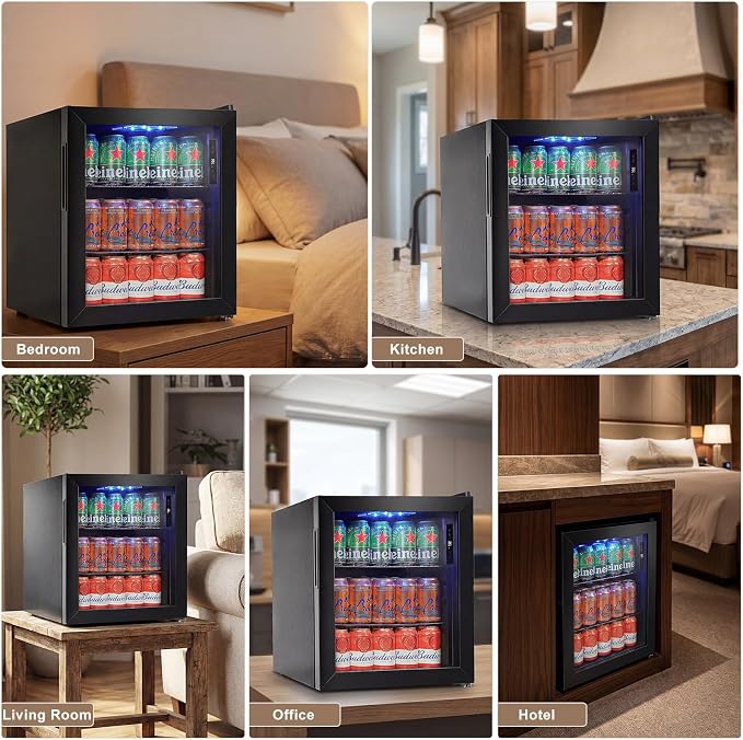 FoMup Mini Fridge 50 Can, Small Beverage Refrigerator with Reversible Glass Door, Countertop Drink Cooler with Temperature Control, Compact Beer Soda Fridge for Office Dorm Kitchen, Black