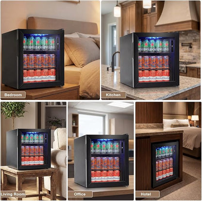 FoMup Mini Fridge 50 Can, Small Beverage Refrigerator with Reversible Glass Door, Countertop Drink Cooler with Temperature Control, Compact Beer Soda Fridge for Office Dorm Kitchen, Black