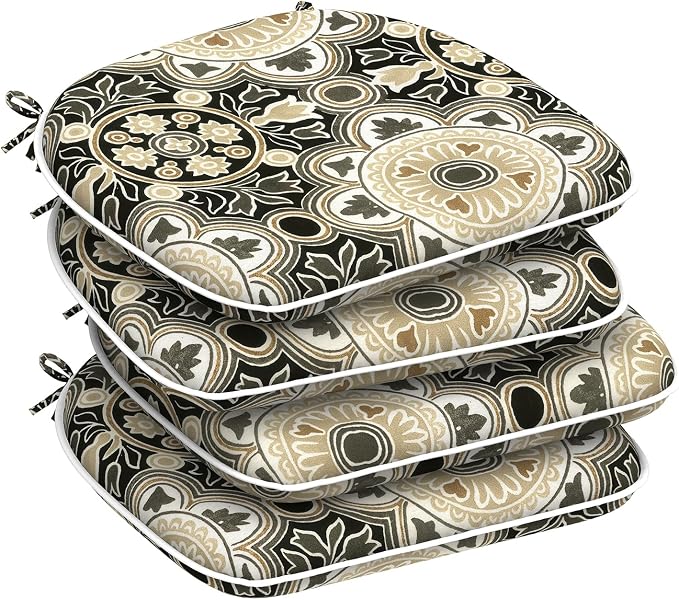 DYTXIII Set of 4 Outdoor Chair Cushions with Ties,Water Repellent Patio Chair Pads 17"x 16" for Outdoor Furniture,Round Corner Seat Cushions for Garden Yard Kitchen Vintage Medallion