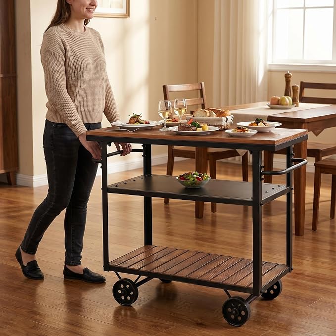 Industrial 3 Tier Rolling Utility Storage Cart Wine Beverage, Metal Wine Rack with Wheels Kitchen Bar Dining Room Tea Wine, Storage Cart with Wood