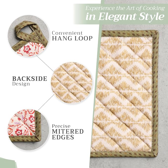 Maison d' Hermine 100% Cotton Oven Mitt & Pot Holder Set (7.5"x13" & 8"x8") | Heat Resistant BBQ Cooking Gloves with Loop Baking Grilling Kitchen Hotel Home Farmhouse Thanksgiving Christmas - Damask