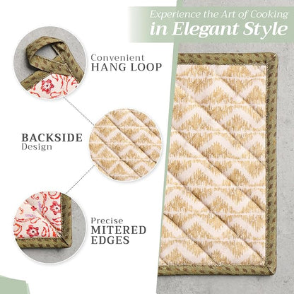 Maison d' Hermine 100% Cotton Oven Mitt & Pot Holder Set (7.5"x13" & 8"x8") | Heat Resistant BBQ Cooking Gloves with Loop Baking Grilling Kitchen Hotel Home Farmhouse Thanksgiving Christmas - Damask