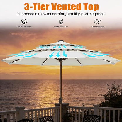 EliteShade USA 10-Year-Non-Fading 10ft 3-Tier Market Patio Umbrella, Commercial Table Umbrella with 80 Solar LED Lights, Crank Open, Windproof & UPF 50+ UV Protection for Garden, Deck, Pool, Backyard, No Tilt, White