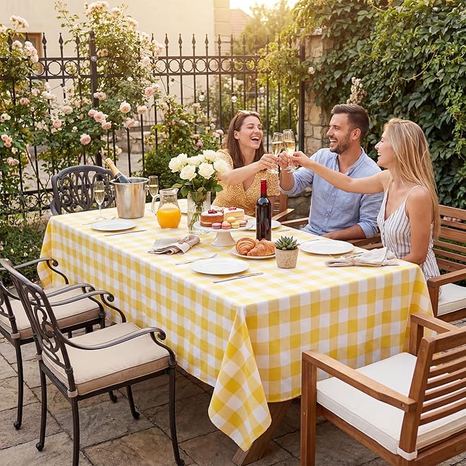 Softalker Gingham Checkered Tablecloth Rectangle - Outdoor Waterproof Buffalo Plaid Table Cloth, Stain Resistant Washable Table Cover for Picnic, Camping, Dining - Yellow and White, 60 x 102 Inch