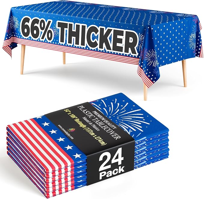 Exquisite 66% Thicker 4th of July Tablecloth 24 Pack - Patriotic Red White and Blue Plastic Tablecloth Rectangle 54x108 Inch - American Flag Disposable Table Cover - Memorial Day Independence Day