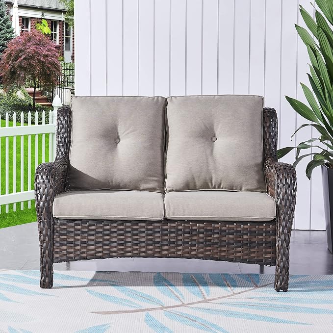 Rilyson Luxury Patio Outdoor Wicker Loveseat, 500 Lbs Weight Capacity Rattan Outdoor 2 seat Sofa Wicker with Deep Seating and Replaceable Cushions for Outside Porch Deck Balcony (Brown/Grey)