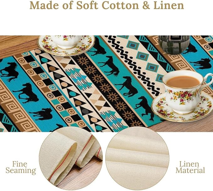Aztec Horse Print Table Runner, Spring Summer Seasonal Holiday Kitchen Dining Table Decoration for Indoor Outdoor Home Party 13x90 Inch