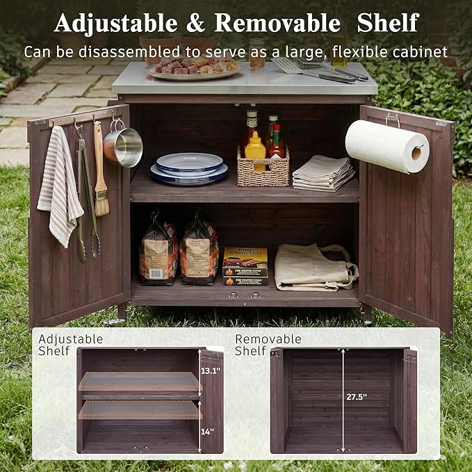 Outdoor Kitchen Island with 4 Locking Wheels, 42” Stainless Steel Top Grill Prep Station, Solid Fir Wood Storage Cabinet with 3-Tier Side Shelf and Adjustable Rack for Patio and BBQ, Brown
