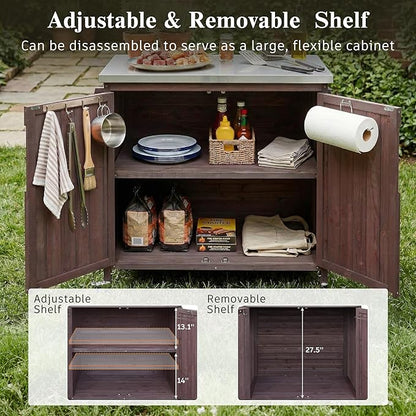 Outdoor Kitchen Island with 4 Locking Wheels, 42” Stainless Steel Top Grill Prep Station, Solid Fir Wood Storage Cabinet with 3-Tier Side Shelf and Adjustable Rack for Patio and BBQ, Brown