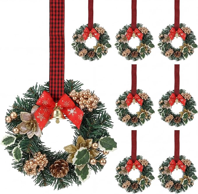 Zeyune 8 Pcs Small Christmas Wreaths for Kitchen Cabinets with Plaid Bow Ribbon Hanging Mini Christmas Cabinet Door Wreaths Decor for Kitchen Window Outdoor Indoor Holiday Decor, 14.96 x 7.87''