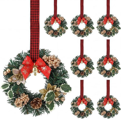 Zeyune 8 Pcs Small Christmas Wreaths for Kitchen Cabinets with Plaid Bow Ribbon Hanging Mini Christmas Cabinet Door Wreaths Decor for Kitchen Window Outdoor Indoor Holiday Decor, 14.96 x 7.87''