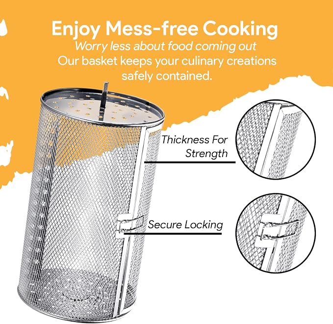 ROTO-Q 360 Cordless Rotisserie Kit w/Tumble Basket - Stainless Steel, Non-Electric - For Grills, Ovens, Smokers - Gas/Charcoal BBQ, Kamado Joe, Green Egg, Kettle - Indoor/Outdoor Use