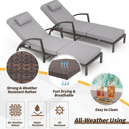 GAOMON Outdoor Lounge Chairs Set of 2, PE Rattan Wicker Chaise Lounge with Cushions and Wheels, Adjustable 5-Position, Patio Lounge Chairs for Outside Poolside Beach, Backyard Relaxation