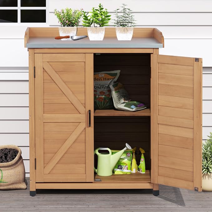 Outdoor Storage Cabinet & Potting Bench Table with Metal Top, Wooden Patio Furniture, Garden Workstation (Light Brwon, 39x31.5x17in)