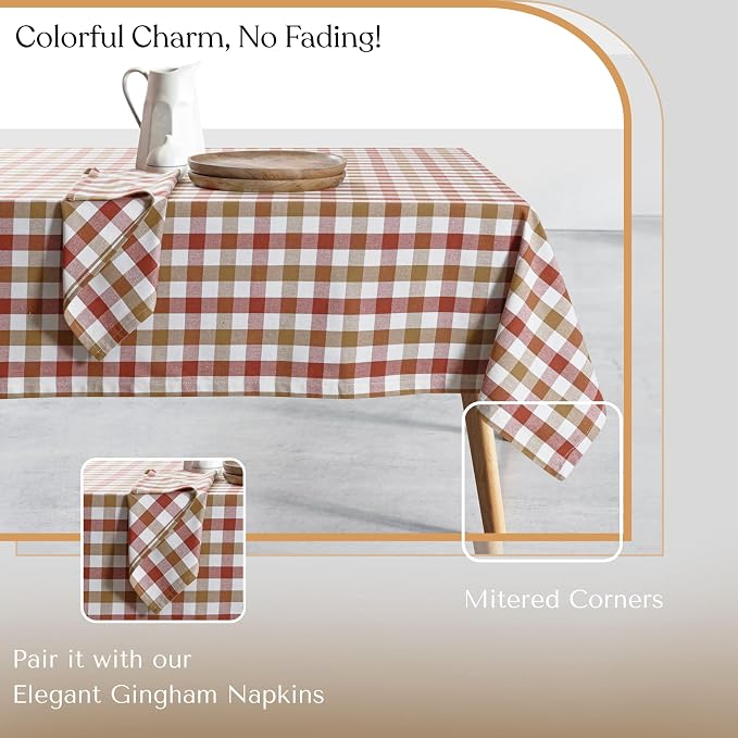 Gingham Cotton Tablecloth 60"x84", Rustic Farmhouse Style, Reusable & Washable, Indoor Outdoor Dining Table Cover for Events, Everyday Use - Rust, Khaki, Natural