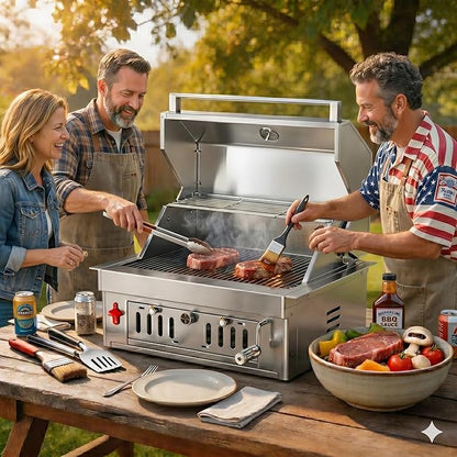 27-IN Premium 304 Stainless Steel Built-in Charcoal Grill with Adjustable Tray, Large Front Access Door, Side Vents,and Includes Griddle Plate and Accessory Set,Ideal for Outdoor Family BBQ