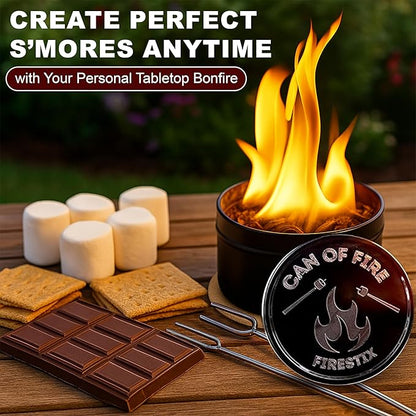 [2-Pack] Can of Fire Tabletop Mini Bonfires – 2–3 Hour Burn Time – Made from Recycled Wood Chips & Paraffin Wax – Includes Safety Coasters – Reusable Flame for Camping, Ambiance, and Emergency Heat