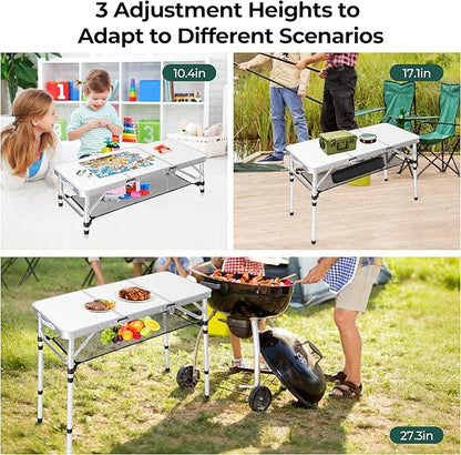 Folding Camping Table with Storage Net,3ft Portable Aluminum Folding Table with 3 Adjustable Height Max 27.3 Inch for Outdoor Backyard BBQ Picnic Cooking Tents Beach Indoor Bedroom（Silver）