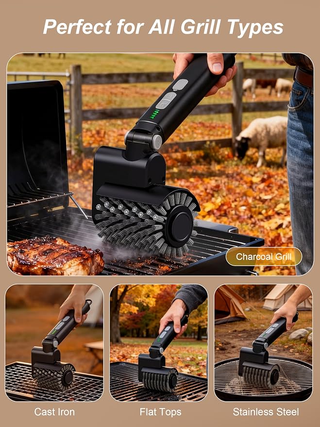 Electric Grill Brush, Cordless Automatic BBQ Grill Cleaner | Rechargeable Grill Cleaning Brush with 3 Heads, 3-Speed & Angle Adjust, 150Mins Runtime for Barbecue Grates