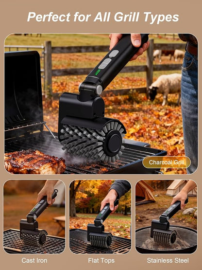 Electric Grill Brush, Cordless Automatic BBQ Grill Cleaner | Rechargeable Grill Cleaning Brush with 3 Heads, 3-Speed & Angle Adjust, 150Mins Runtime for Barbecue Grates