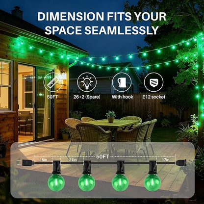 50 FT Green Outdoor String Lights G40 Globe Shatterproof Patio Lights,26 Plastic Edison Bulbs(2 Spare) IP65 Waterproof Dimmable LED Bulbs for Backyard Porch Balcony Party Decor, E12 Base