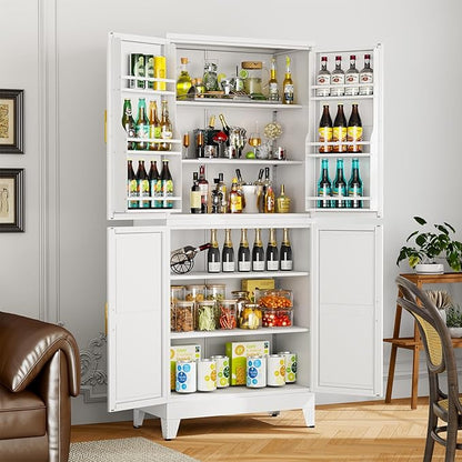 White Pantry Storage Cabinet, 75" Kitchen Pantry with Doors and 3 Adjustable Shelves, Metal Freestanding Buffet Cupboards Sideboard, for Office, Home, Garage, School