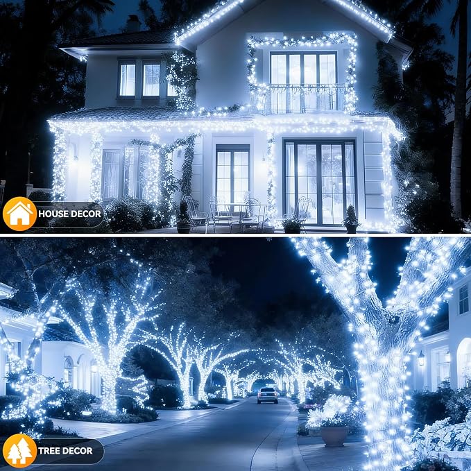 Solar String Lights Outdoor Waterproof 2 Pack Total 66ft 200LED White | 8 Modes Twinkle Lights Solar Fairy Lights for Patio, Garden Yard Party Wedding Tree Christmas Halloween Decoration