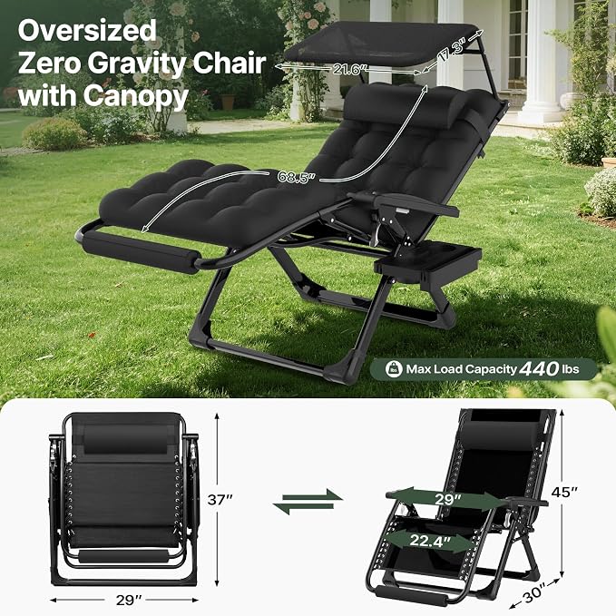 Suteck Zero Gravity Chair with Canopy, 29In XL Oversized Lounge Chairs | w/Removable Cushion&Headrest, Upgraded Lock and Footrest, Folding Reclining Patio Chairs Recliner for Indoor Outdoor