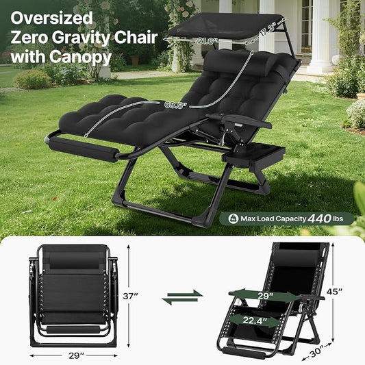 Suteck Zero Gravity Chair with Canopy, 29In XL Oversized Lounge Chairs | w/Removable Cushion&Headrest, Upgraded Lock and Footrest, Folding Reclining Patio Chairs Recliner for Indoor Outdoor