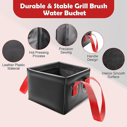 Grill Brush Water Bucket, AHIER Collapsible Dunk Tank Grill Brush Heads Water Bucket for Stainless-Steel Grates (Red)
