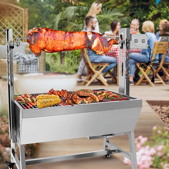 37" Electric Rotisserie Grill, Pig Lamb Spit Roaster Stand Rotisserie 132 Lbs Capacity With Adjustable Height, BBQ Charcoal Rotisserie Grill Kit Stainless Steel For Outdoor Party Camping