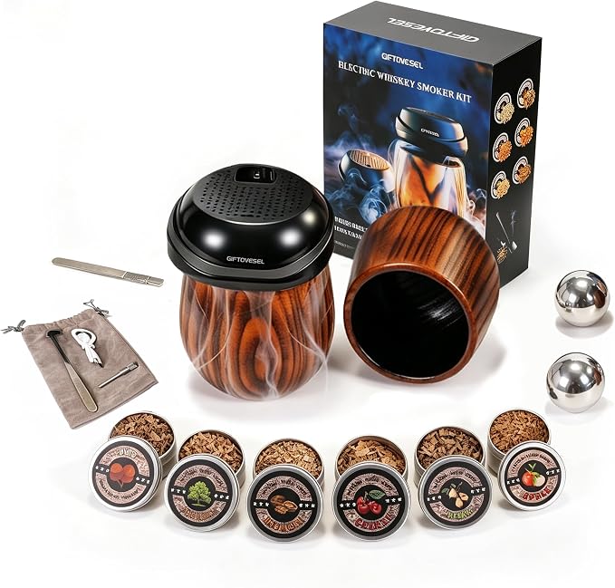 Electric Cocktail Smoker Kit with Unique Charred Wooden Glasses, Whiskey Smoker Kit with 6 Flavors Wood Chips, Instant Smoke Output – Ideal Gift for Cocktail & Whiskey Lovers