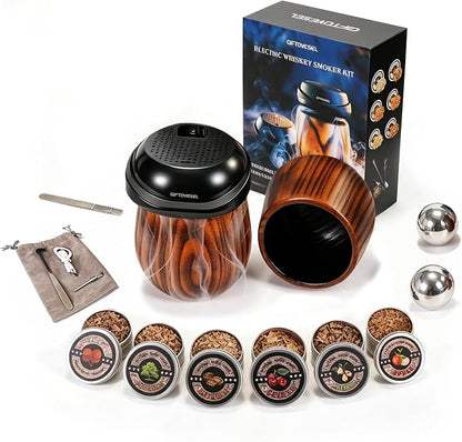 Electric Cocktail Smoker Kit with Unique Charred Wooden Glasses, Whiskey Smoker Kit with 6 Flavors Wood Chips, Instant Smoke Output – Ideal Gift for Cocktail & Whiskey Lovers